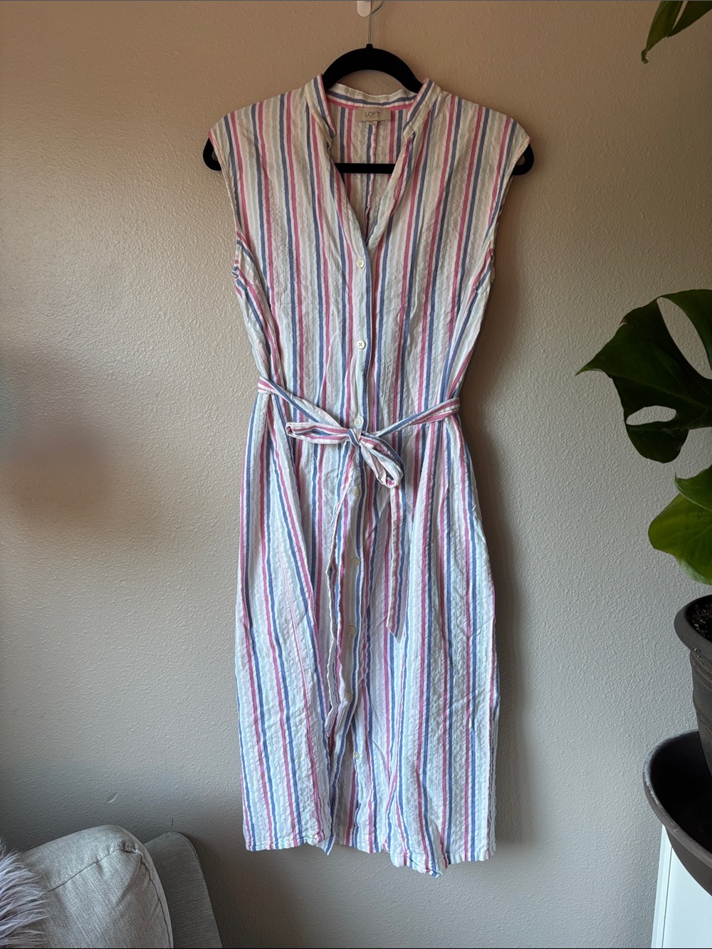LOFT Sleeveless Striped Shirt Dress in White, Blue, Pink